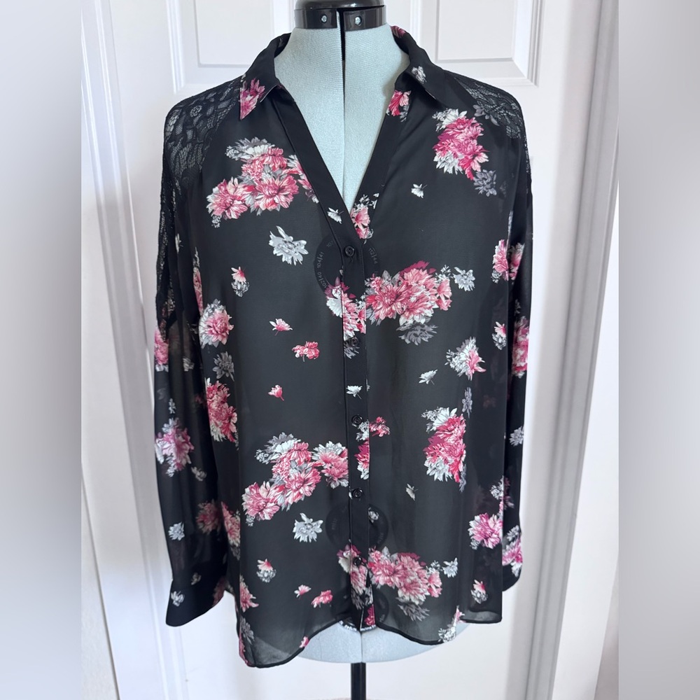 LC Lauren Conrad Black Sheer Lace Blouse with Pink Floral Print